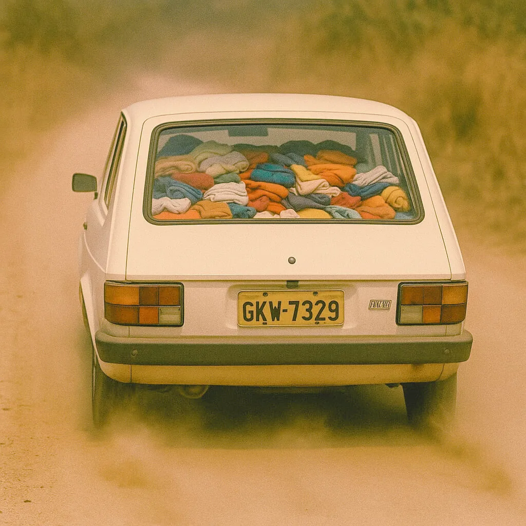 Ilustração de um Fiat 147 carregado de roupas
